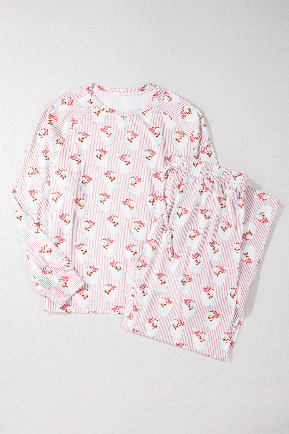 Women's Pink Santa Claus Striped Print Loose Fit Two Piece Lounge Set