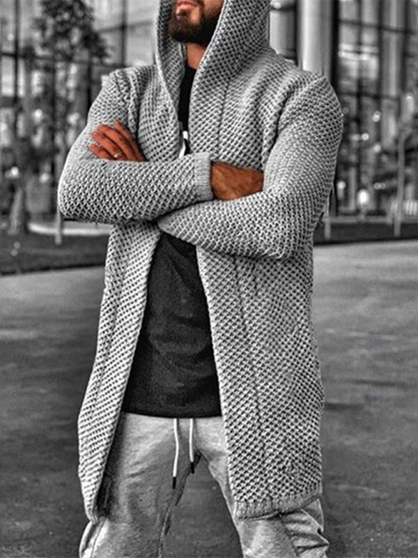 Men's S-4XL Hooded Long Sleeves Open Knit Cardigan Sweater
