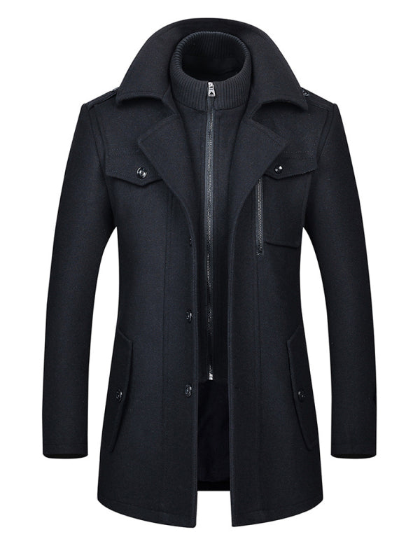 Men's Double Collar Zippered Wool Coat with Pockets Available in Sizes M-3XL