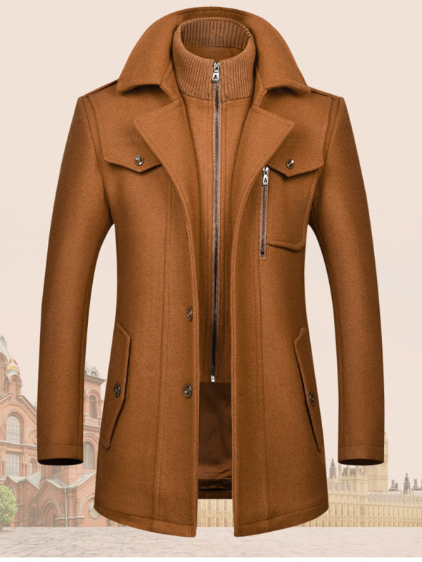 Men's Double Collar Zippered Wool Coat with Pockets Available in Sizes M-3XL