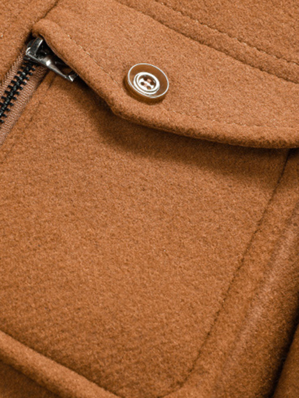 Men's Double Collar Zippered Wool Coat with Pockets Available in Sizes M-3XL