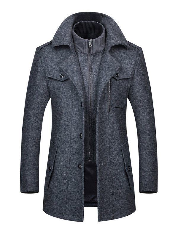 Men's Double Collar Zippered Wool Coat with Pockets Available in Sizes M-3XL