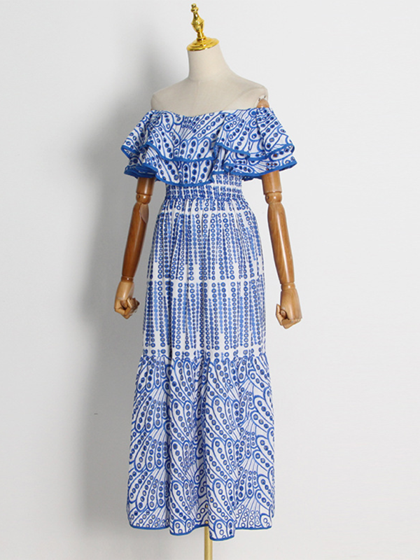 Embroidered Double-layer Lotus Leaf Off-Shoulder Maxi Dress