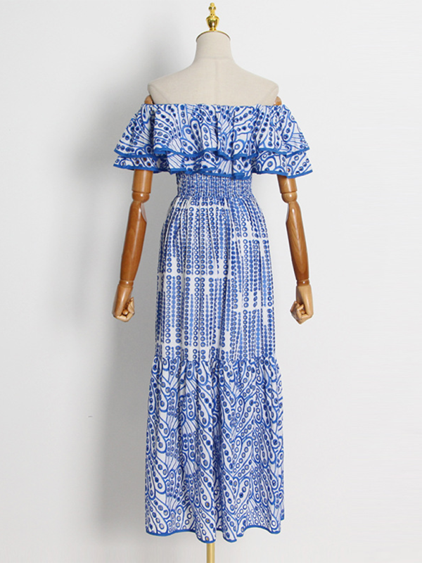 Embroidered Double-layer Lotus Leaf Off-Shoulder Maxi Dress