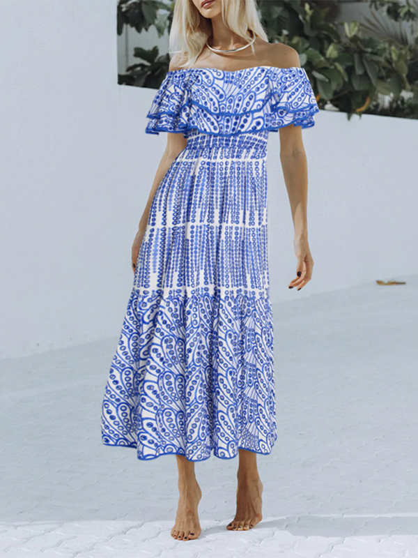 Embroidered Double-layer Lotus Leaf Off-Shoulder Maxi Dress