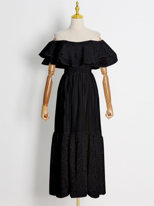 Embroidered Double-layer Lotus Leaf Off-Shoulder Maxi Dress