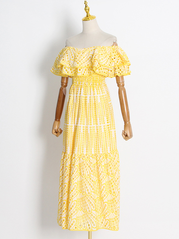 Embroidered Double-layer Lotus Leaf Off-Shoulder Maxi Dress