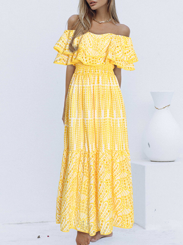 Embroidered Double-layer Lotus Leaf Off-Shoulder Maxi Dress