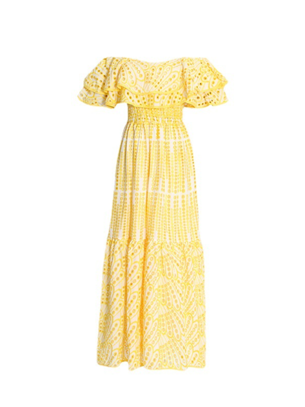 Embroidered Double-layer Lotus Leaf Off-Shoulder Maxi Dress