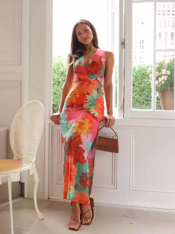 Deep V-Neck Flower Print Lace-up Back Maxi Dress