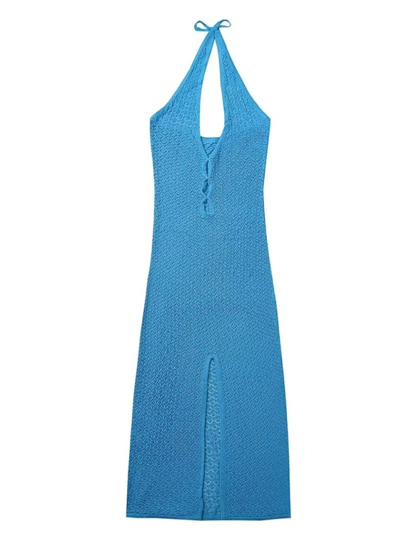 Deep V Halter Neck Long Front Slit Knitted Dress