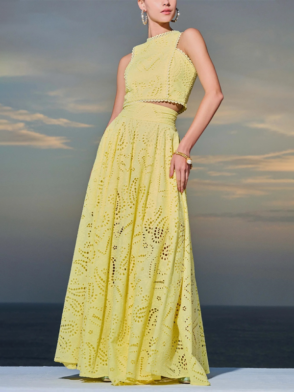 Women's Beautiful Laser Cut Eyelet Cropped Top and Long Skirt Set