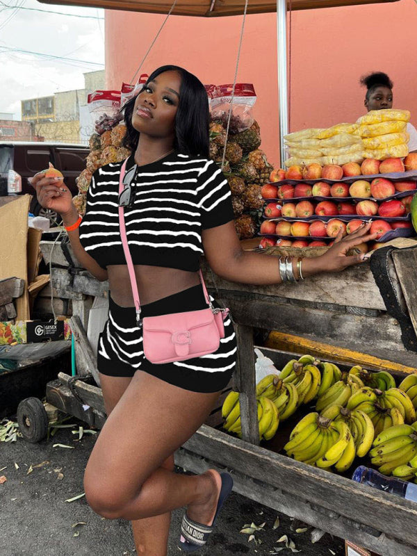 NEW ITEM! Women's Striped Short Sleeve Cropped Top and Sexy Shorts Set