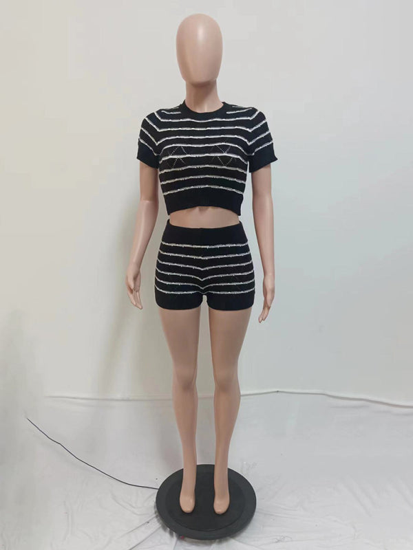 NEW ITEM! Women's Striped Short Sleeve Cropped Top and Sexy Shorts Set
