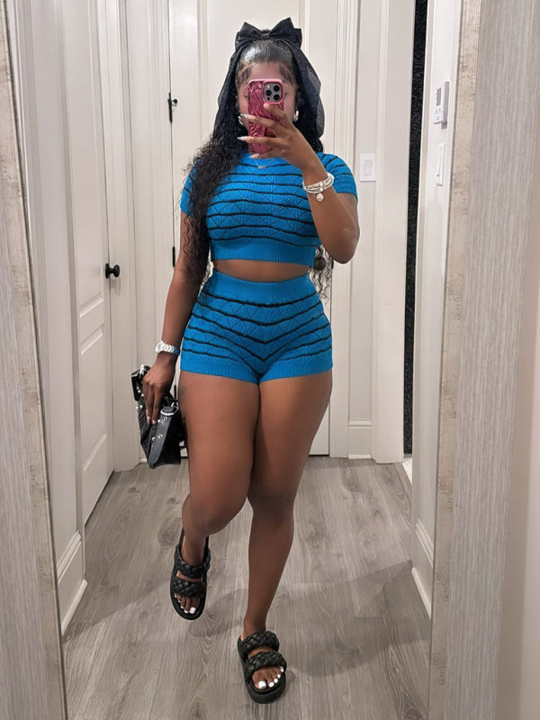 NEW ITEM! Women's Striped Short Sleeve Cropped Top and Sexy Shorts Set