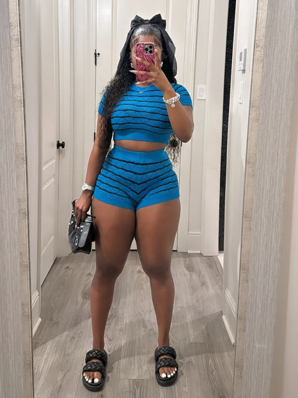 NEW ITEM! Women's Striped Short Sleeve Cropped Top and Sexy Shorts Set