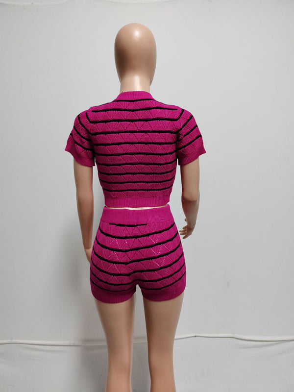 NEW ITEM! Women's Striped Short Sleeve Cropped Top and Sexy Shorts Set