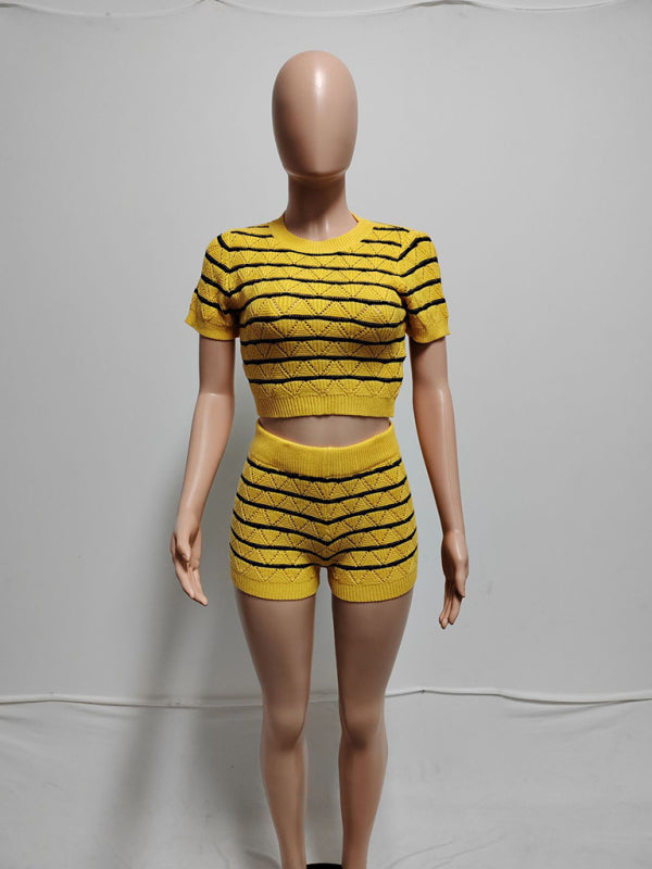 NEW ITEM! Women's Striped Short Sleeve Cropped Top and Sexy Shorts Set