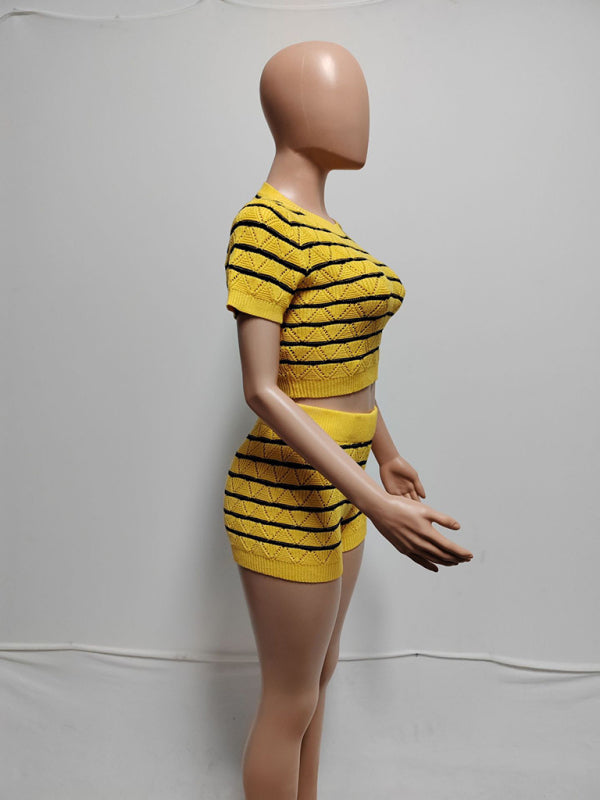 NEW ITEM! Women's Striped Short Sleeve Cropped Top and Sexy Shorts Set