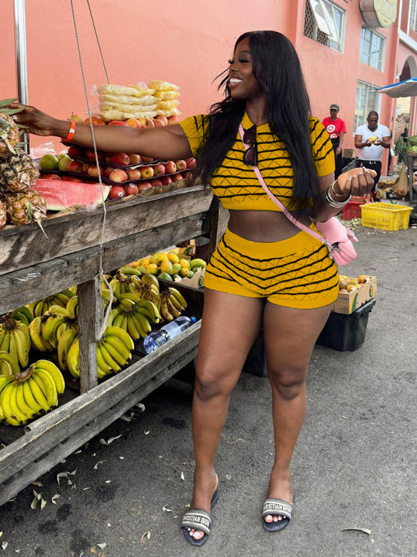 NEW ITEM! Women's Striped Short Sleeve Cropped Top and Sexy Shorts Set