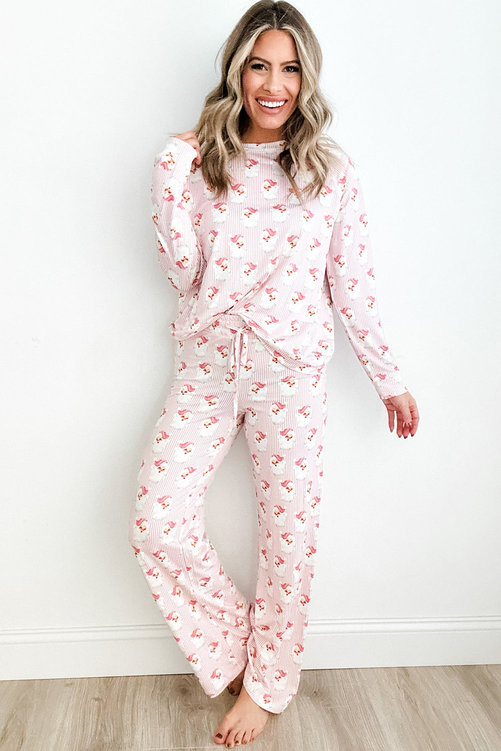 Women's Pink Santa Claus Striped Print Loose Fit Two Piece Lounge Set