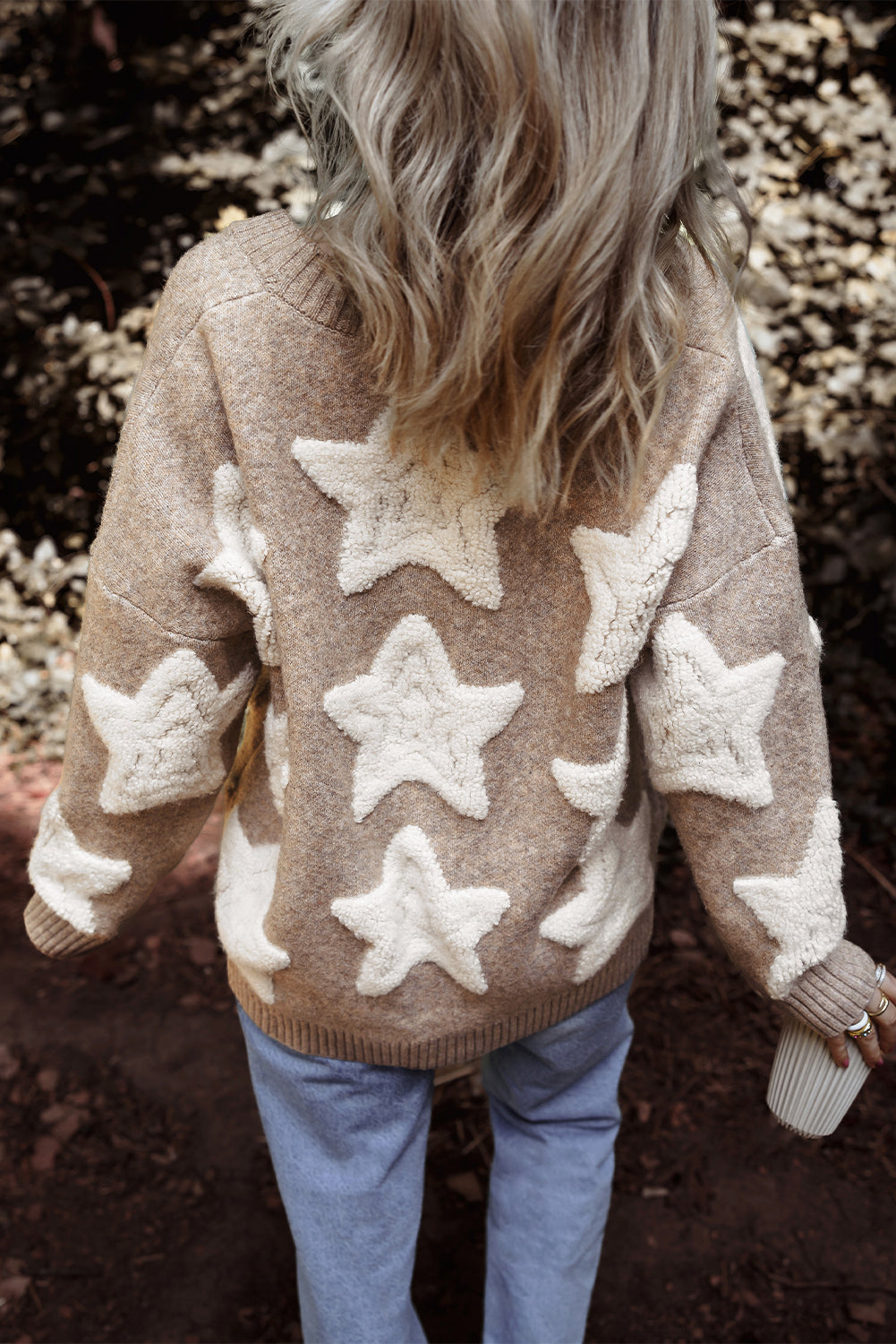 Women's Khaki Sherpa Star Pattern Textured Sweater Cardigan with Pockets