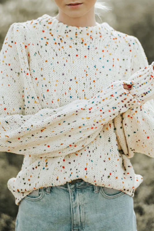 Women's Beige Colorful Confetti Dots Cable Knit Crew Neck Sweater