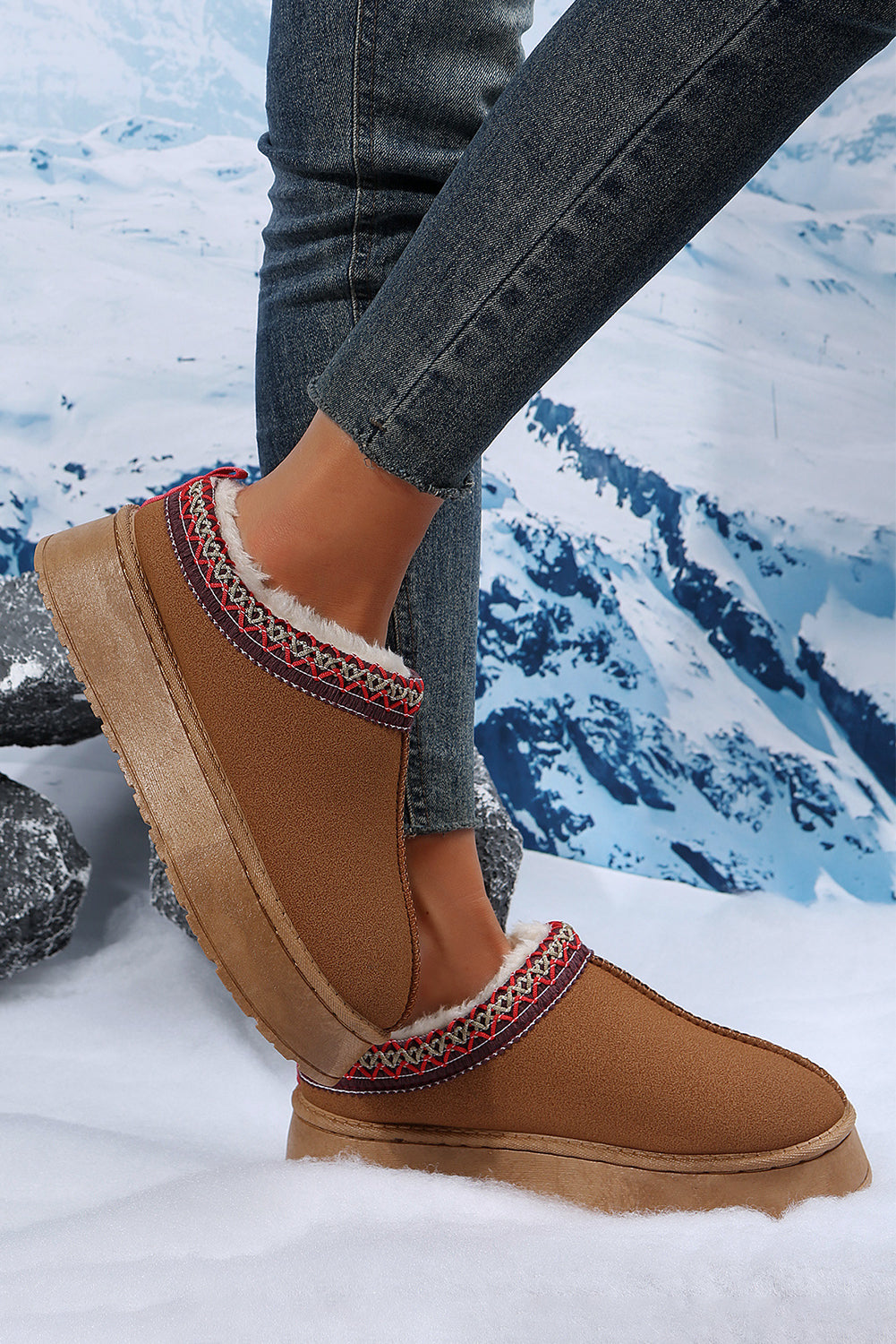 Women's Chestnut Contrast Print Suede Plush Lined Snow Boots