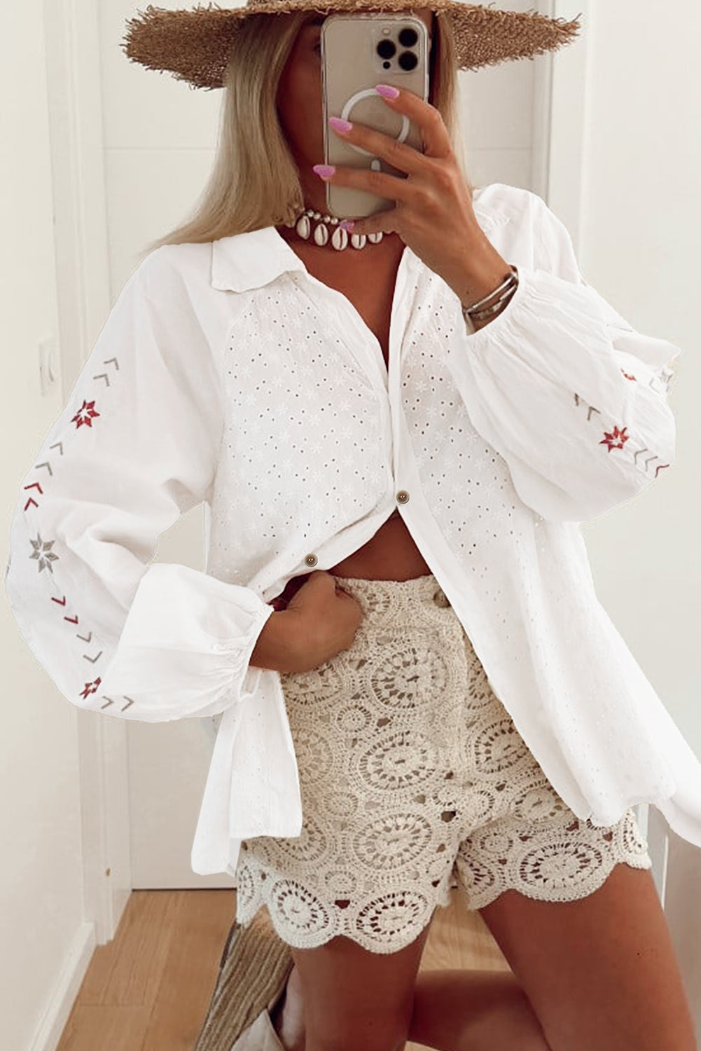 Women's White Floral Embroidered Puff Sleeve Eyelet Patchwork Shirt