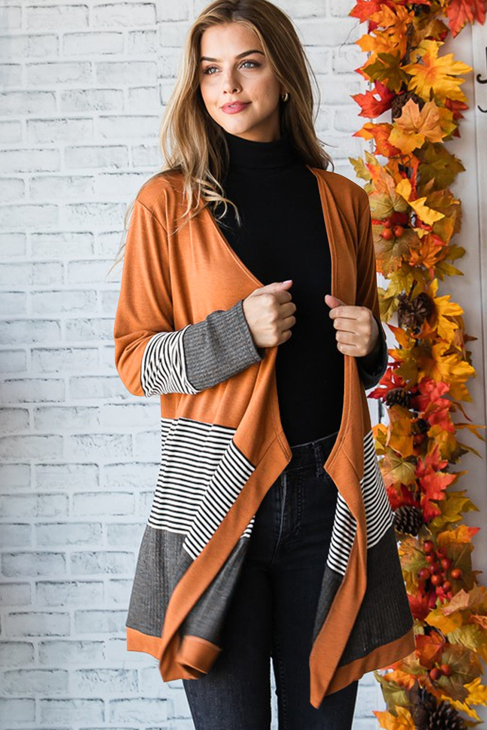 Women's Orange Colorblock Striped Patchwork Open Cardigan