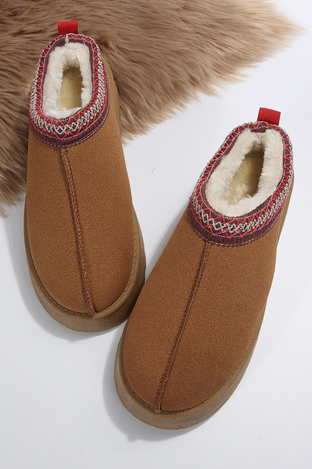 Women's Chestnut Contrast Print Suede Plush Lined Snow Boots