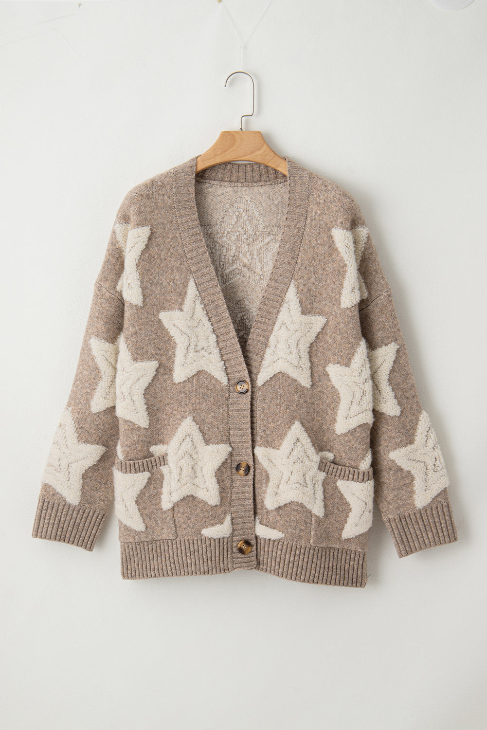 Women's Khaki Sherpa Star Pattern Textured Sweater Cardigan with Pockets