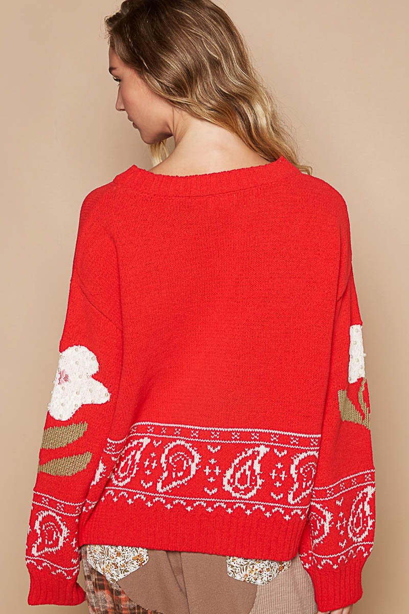 Women's Flower Lace Patch Long Sleeve Sweater