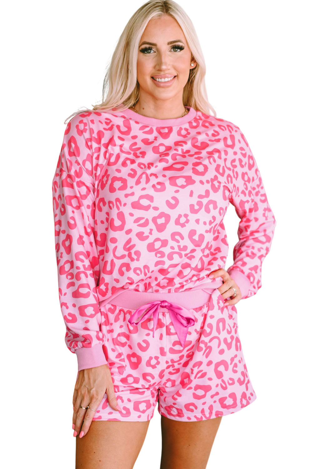 Women's Pink Leopard Long Sleeve Satin Tie Shorts Two Piece Set