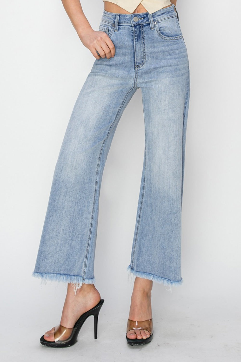 Women's High Rise Crop Wide Fray Hem Jeans