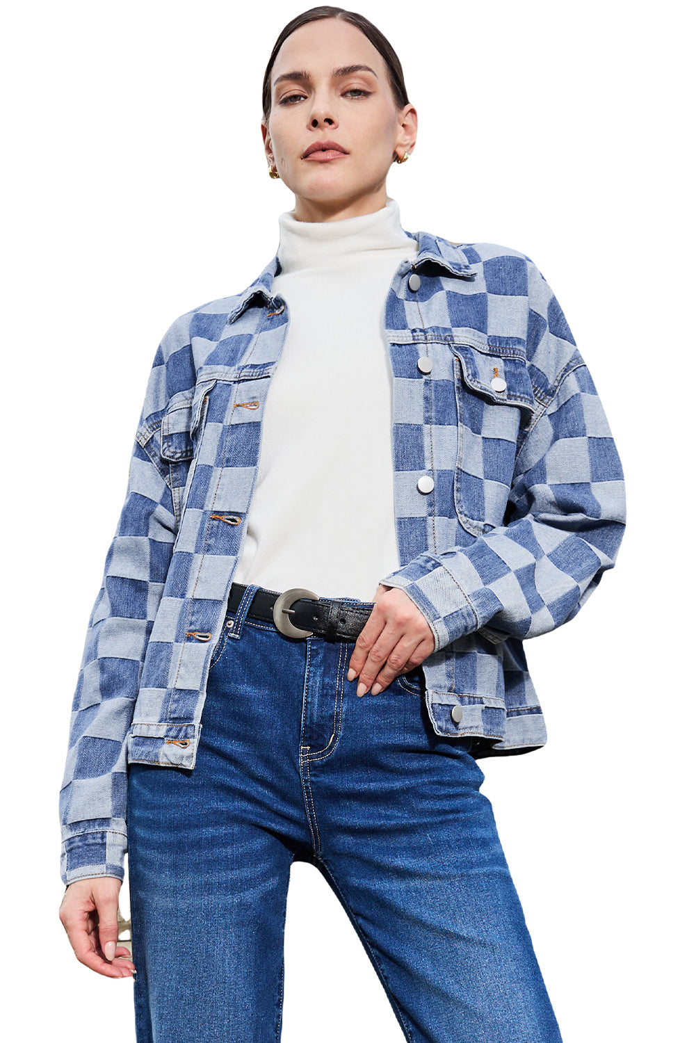 Women's Light Blue Checkered Patchwork Button up Denim Jacket