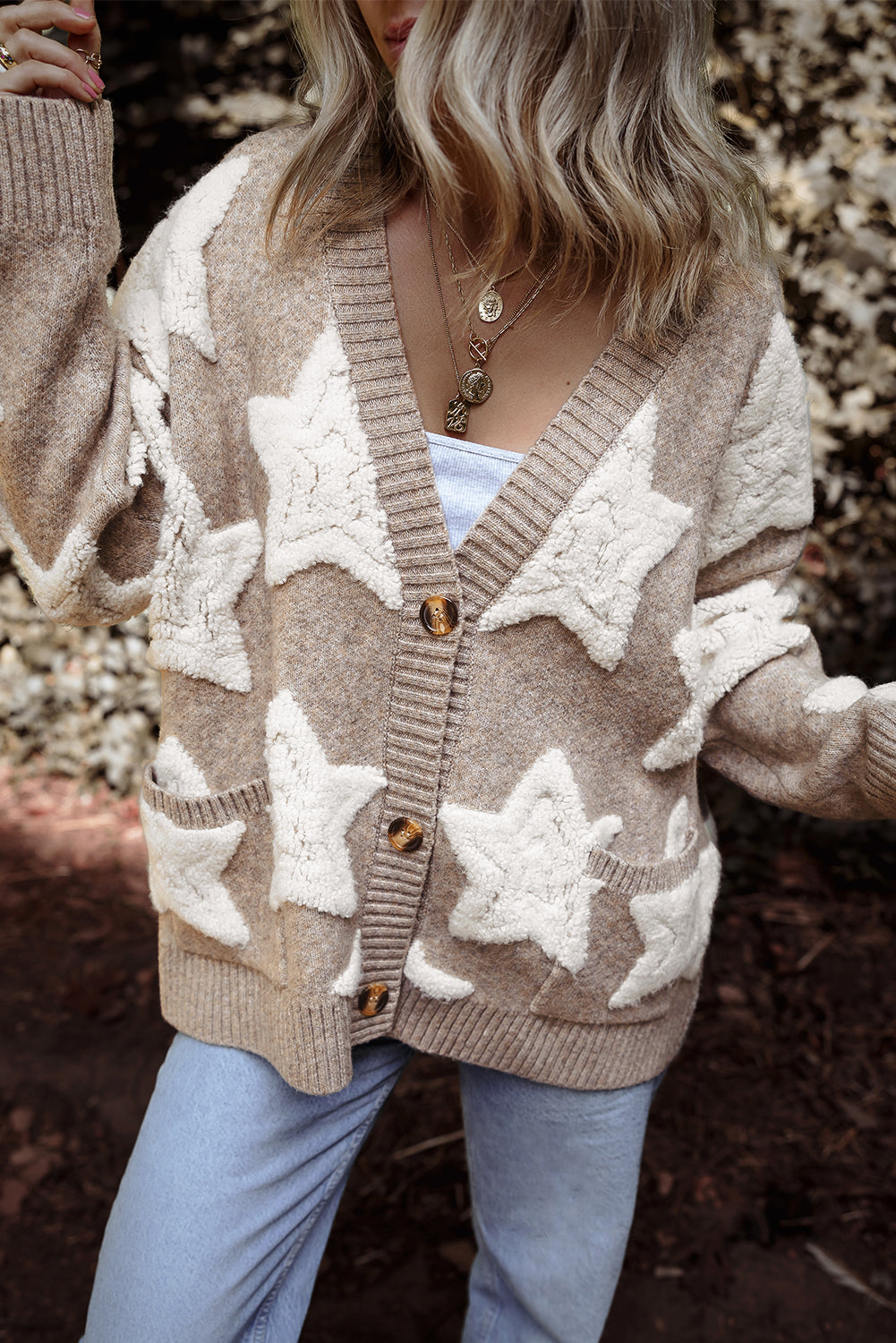 Women's Khaki Sherpa Star Pattern Textured Sweater Cardigan with Pockets