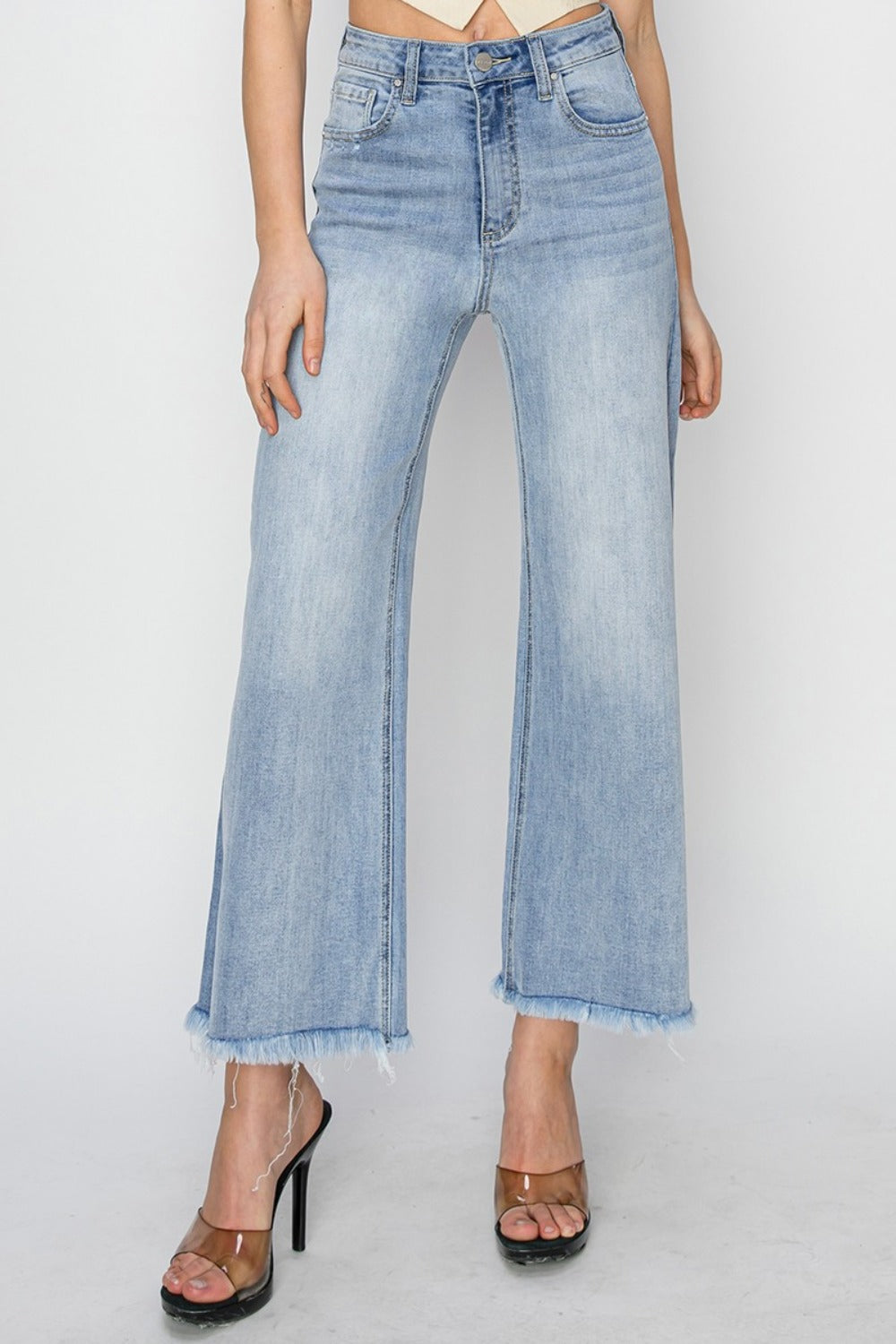 Women's High Rise Crop Wide Fray Hem Jeans