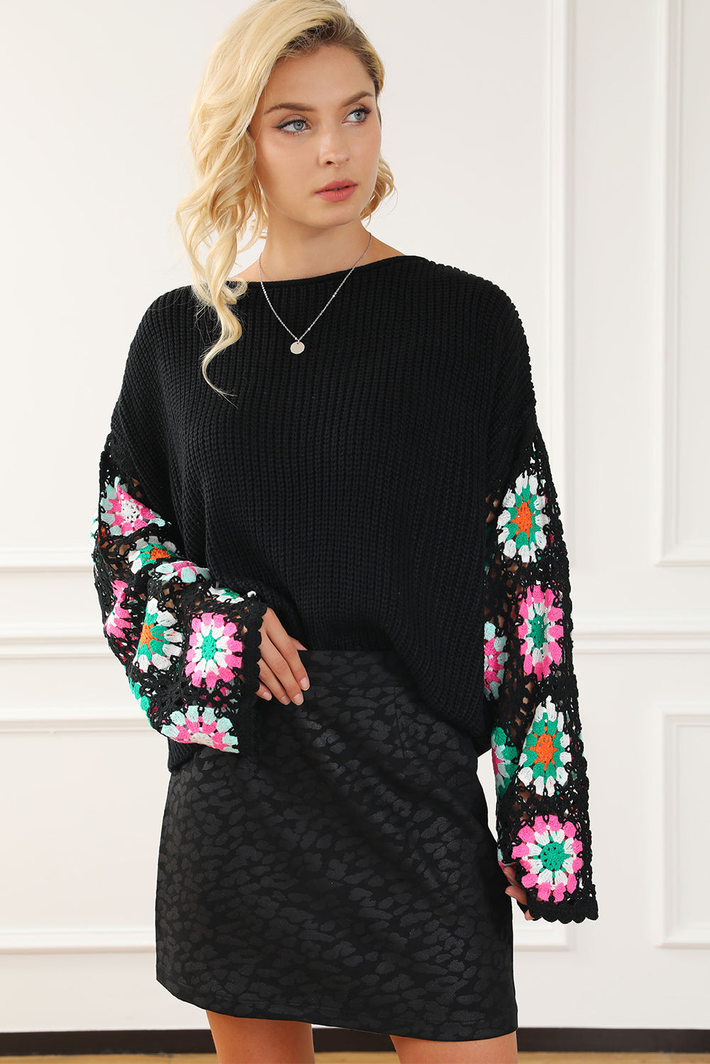 Women's Black Floral Crochet Bell Sleeve Loose Sweater