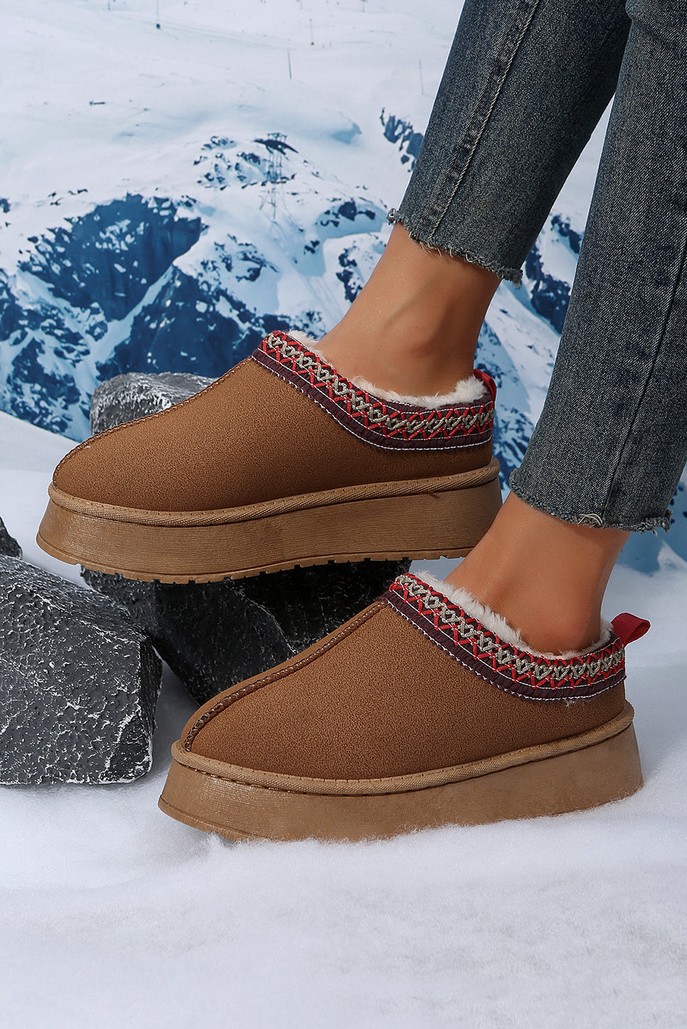 Women's Chestnut Contrast Print Suede Plush Lined Snow Boots