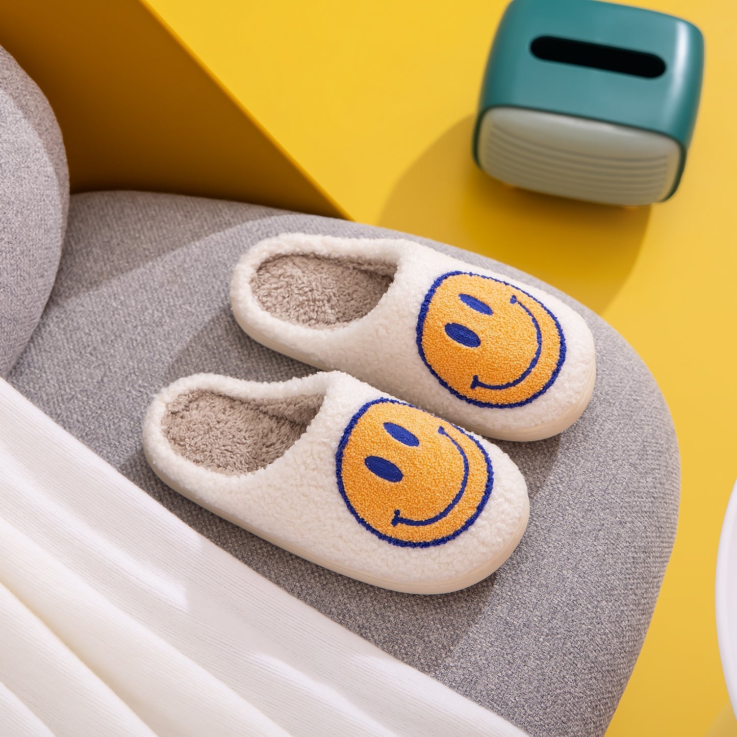 Women's White Melody Smiley Face Slippers