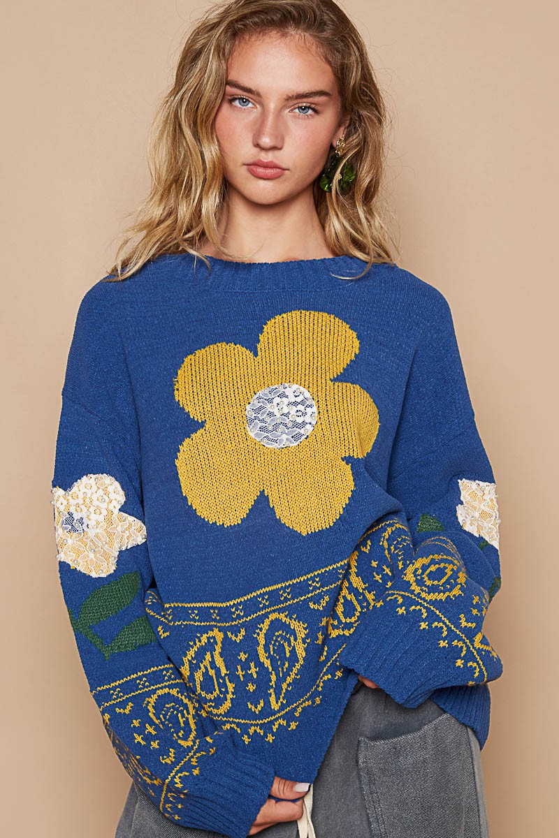 Women's Flower Lace Patch Long Sleeve Sweater