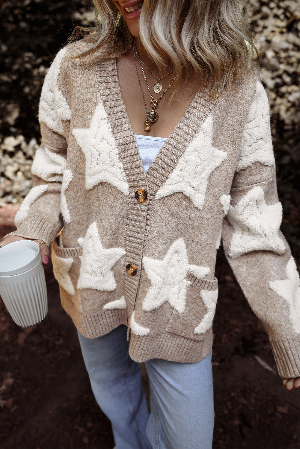 Women's Khaki Sherpa Star Pattern Textured Sweater Cardigan with Pockets