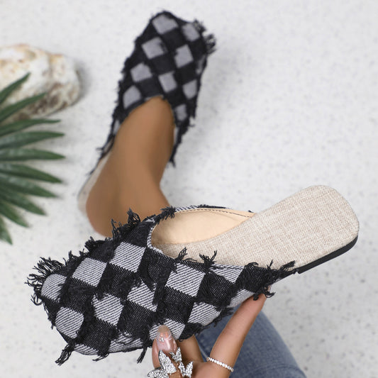 Women's Plaid Square Toe Flat Slippers