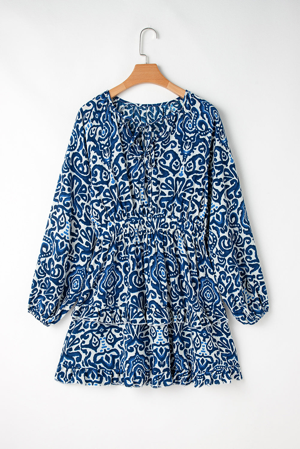 Women's Blue Vintage Print Lace up V Neck Long Sleeve Mini Dress