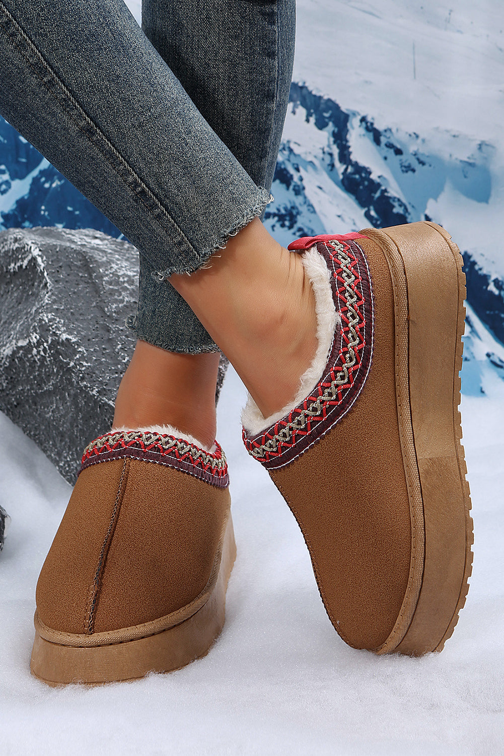 Women's Chestnut Contrast Print Suede Plush Lined Snow Boots