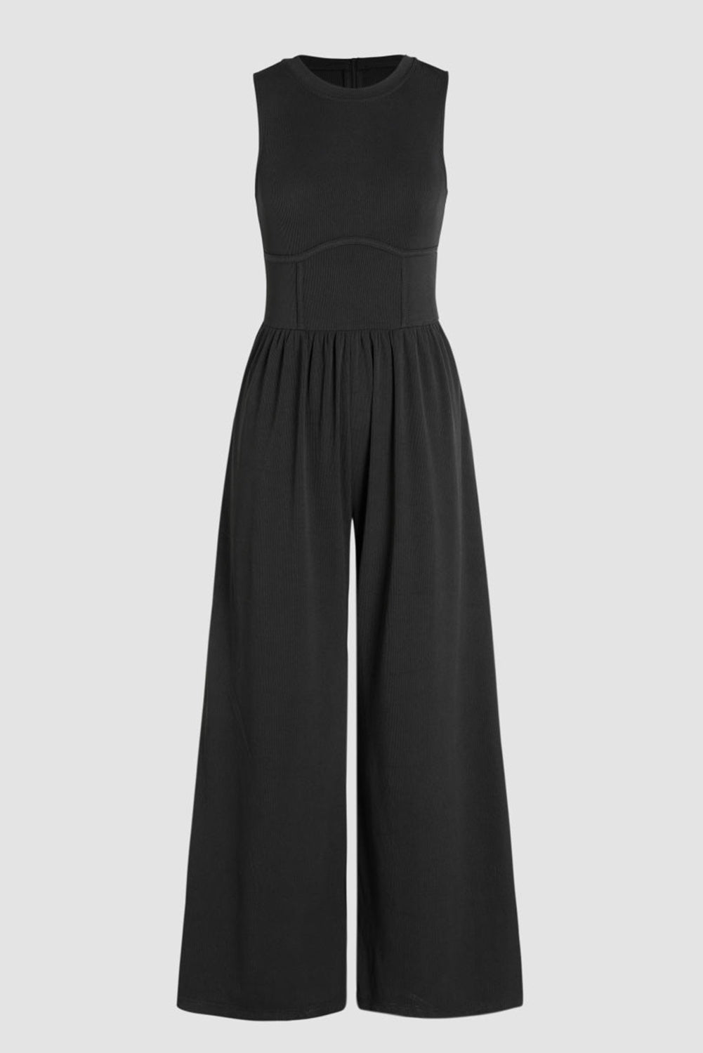 Women's Black Cinched Waist Sleeveless Wide Leg Jumpsuit