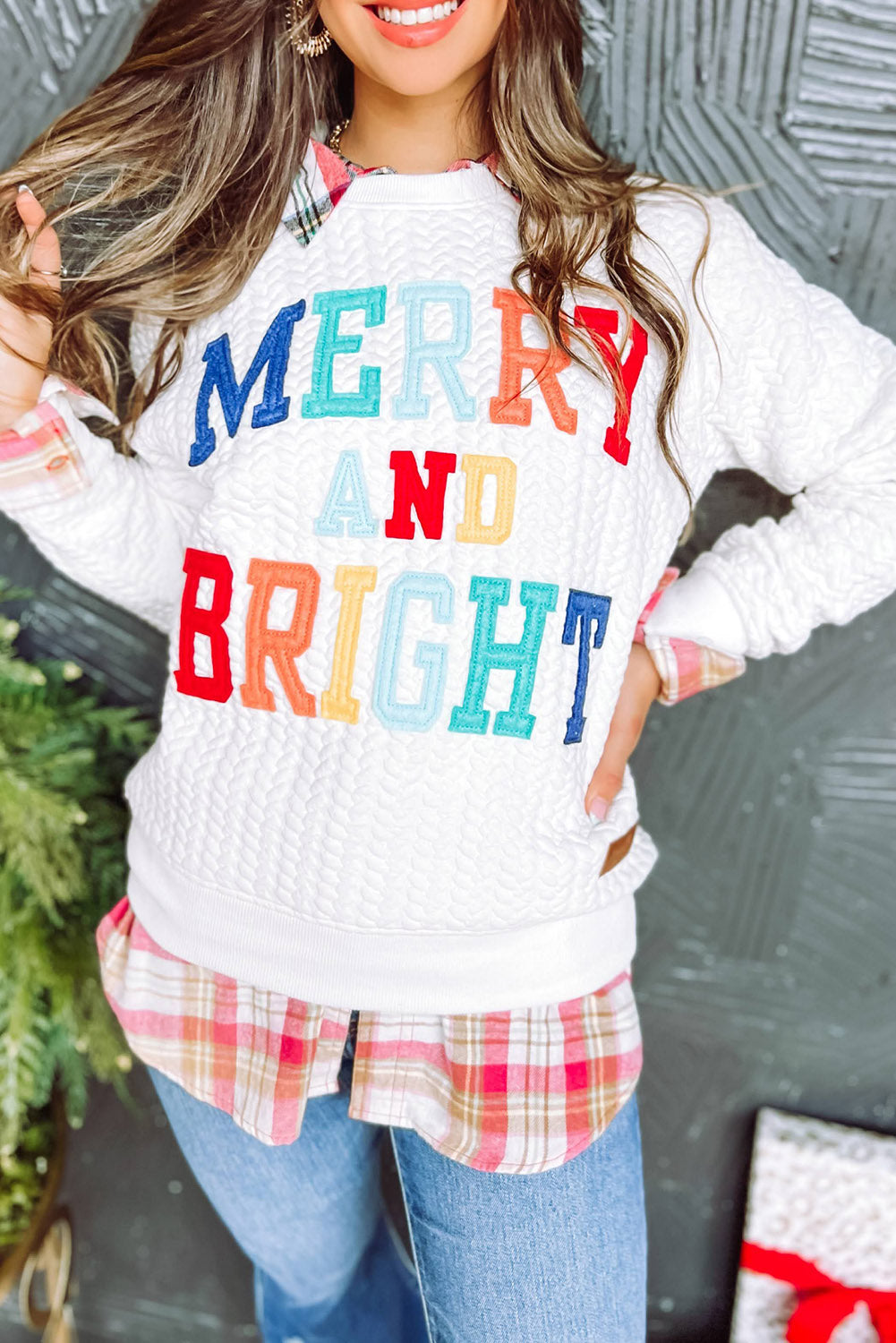 Women's White Merry And Bright Cable Knit Pullover Sweatshirt