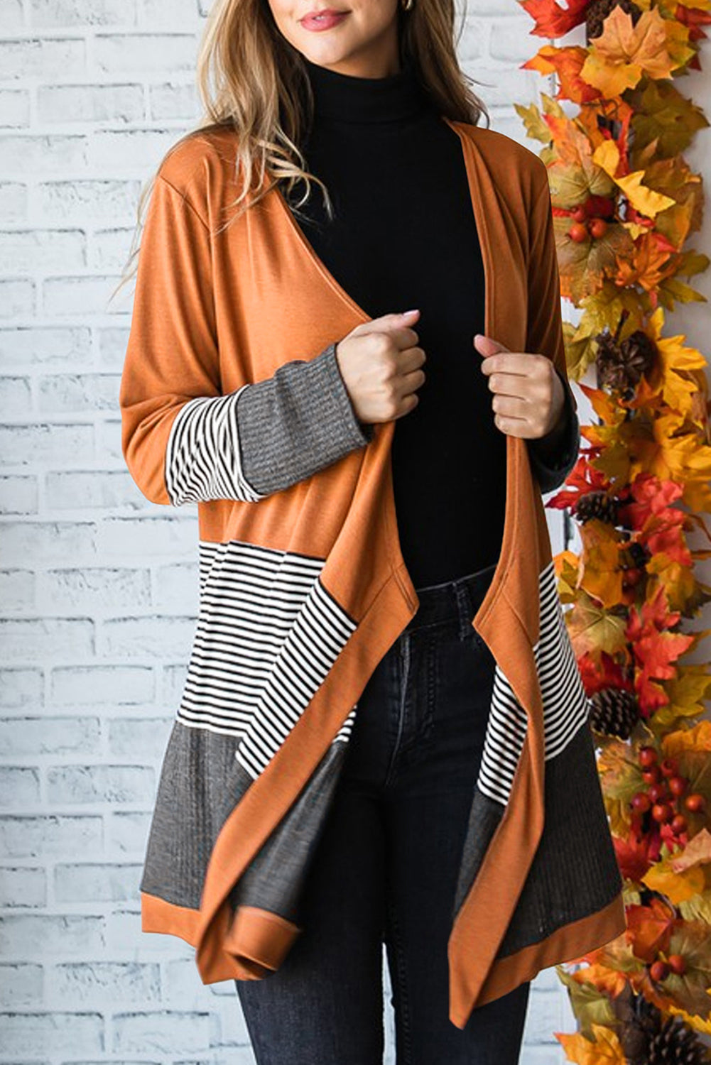 Women's Orange Colorblock Striped Patchwork Open Cardigan