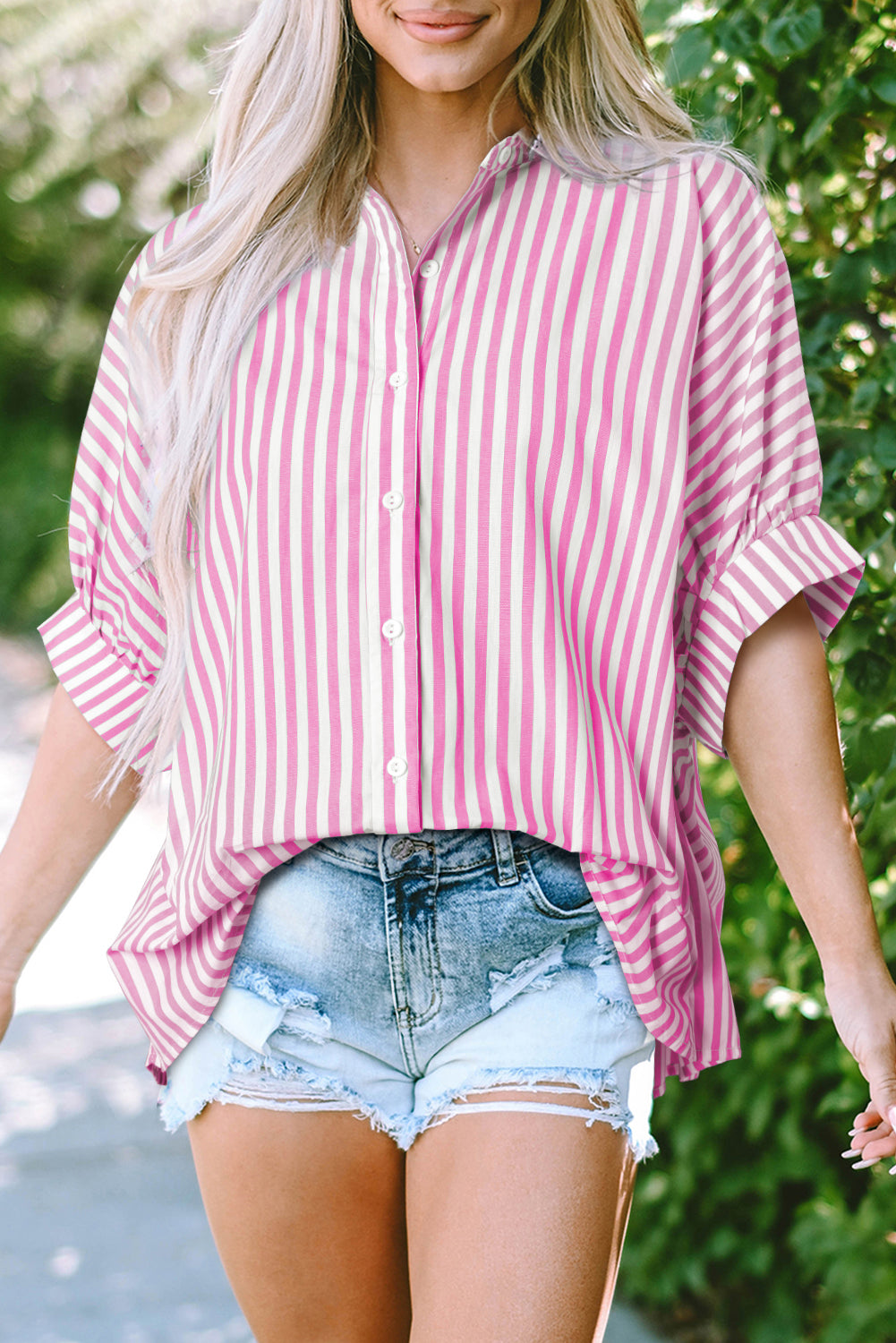 Women's Sky Blue Stripe Dolman Sleeve Oversize Shirt